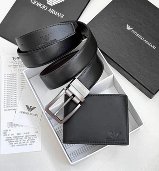 Чоловічий Подарунковий Набір Ремінь Та Портмоне Армані Брендовий Чорний Armani - (313473)