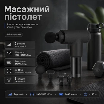 Масажер вібраційний для тіла з насадками Fuscial Gun на 6 режимів чорний
