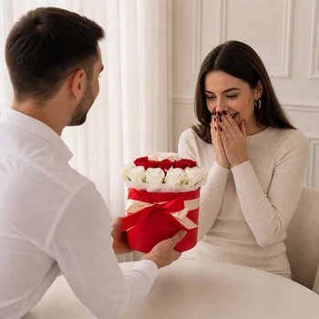 Ніжний букет у шляпній коробці з 25 мильних троянд