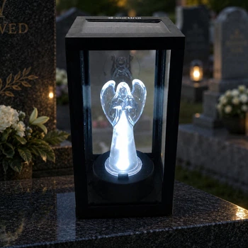 Лампадка на сонячній батареї Ангел 20,5 см | скло, чорний метал | LED біле світло