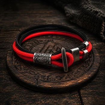 Чоловічий браслет Valknut Red&Black з паракорду з рунами вікінгів та металевою застібкою
