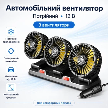 Тройной автомобильный вентилятор 12V от прикуривателя, 22х16х11 см, мощность 5 Вт, регулируемый угол поворота, диаметр лопастей 10 см, черный