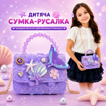 Дитяча сумка для дівчинки Русалка з паєтками та перлинами на ручкі Стильна сумка з ремінцем для маленької принцеси 2+ років, лавандовий колір