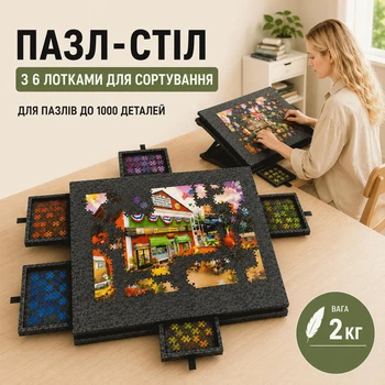 Стіл для складання пазлів з лотками для сортування 6 шт, підставкою та захисною кришкою дошка з фетру для пазлів з ящиками для зберігання пазлів до 1000 елементів 77 см * 52 см, чорний