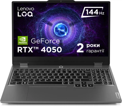 Ноутбук Lenovo LOQ 15IRX9 (83DV01F1RA) Luna Grey / 15.6" IPS 144 Гц / Intel Core i7-13650HX / RAM 16 ГБ / SSD 512 ГБ / RTX 4050, 6 ГБ / LAN / Зарядка по USB