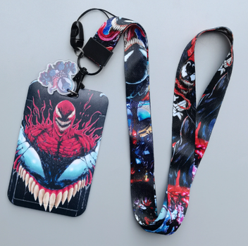 Картхолдер с ремешком на шею и брелоком Веном / Карнаж (Venom / Carnage), пластиковый чехол для ID-карты, пропуска и проездного