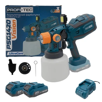 Акумуляторний фарбопульт PROFI-TEC PSG1420 Vision (20 В, бак 1400 мл, 0.85 л/хв) 2×PT2020VX (2.0 Аг), ЗП BC15V, коробка, сопла 1.0, 1.5, 1.8, 2.5 мм