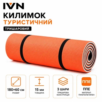 Коврик туристический IVN трехслойный ППЭ 180×60×15 мм для туризма, кемпинга, рыбалки и отдыха IV-6258OR