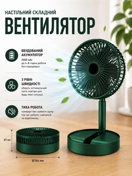 Портативный мини вентилятор для дома Telescopic Folding Fan складной настольный с USB зарядкой, зеленый SKU-78