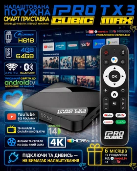 Смарт ТВ-приставка iPROCUBIC TX3 MAX 4/64Гб Android TV 14 Allwinner H618 Мощная андроид приставка с Bluetooth-пультом, микрофоном и голосовым поиском, 4K HDR, Wi-Fi, медиаплеер, ТВ в подарок от SweetTV и YouTV 6 мес. (power by Tanix TX3 MAX)