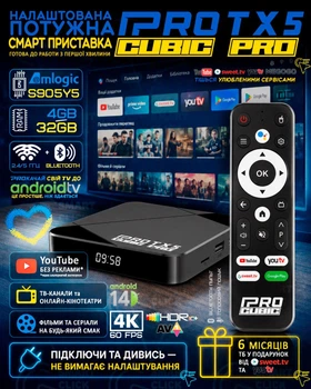 Смарт ТВ-приставка iPROCUBIC TX5 PRO 4/32Гб Android TV 14 Amlogic S905Y5 Мощная андроид приставка с Bluetooth-пультом, микрофоном и голосовым поиском, 4K HDR, Wi-Fi, медиаплеер, ТВ в подарок от SweetTV и YouTV 6. (power by Tanix TX5 PRO)