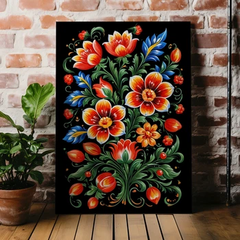 Интерьерная картина Цветочный орнамент, петриковка, тёмный фон, 42×30 см (id6912)
