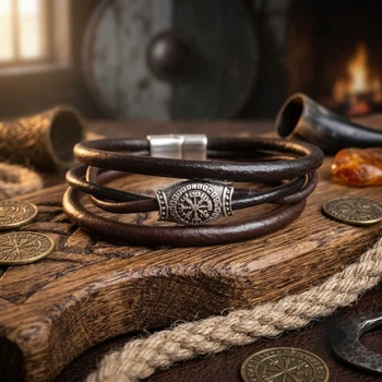 Чоловічий шкіряний браслет Vegvisir з натуральної шкіри з магнітною застібкою