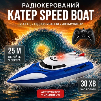 Катер на радиоуправлении Speed Boat 28 см. Детский скоростной радиоуправляемый катер с подсветкой и пультом дистанционного управления 2.4GHz, игровой кораблик, лодка, водная яхта white-blue