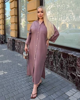Платье рубашка женское макси из льна жатки свободного прямого кроя с отложным воротником пуговицами накладными карманами и боковыми разрезами больших размеров G&M k-130980 54-56 Размер цвет мокко