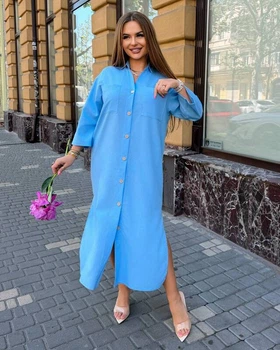 Плаття-сорочка жіноче довге з льону жатки вільного прямого крою з відкладним коміром ґудзиками накладними кишенями та високими бічними розрізами великих розмірів G&M k-130979 54-56 Розмір колір блакитний