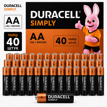 Батарейки Duracell Simply AA (LR6/MN1500) 1.5V, набір 40 ШТУК, лужні елементи живлення, термін до 2035 року