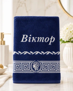 Іменний махровий рушник Віктор 70х140 см синій з вишивкою