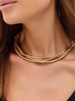 Кольє чокер потрійне багатошарове Fashion Jewerly переплетені ланцюги масивне біжутерія золотистий колір (SVS)