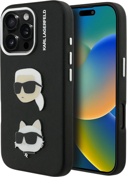 Etui plecki Karl Lagerfeld FW Grained Karl & Choupette Heads Pins do Apple iPhone 16 Pro Max Black (KLHCP16XPSFDHPK)