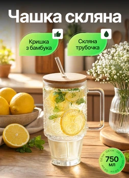 Скляна чашка з трубочкою і кришкою 750 мл стакан з трубочкою на подарунок