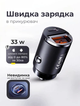 Зарядка в прикуривателеь АЗП быстрое зарядное устройство для телефона ноутбука в машину 2 в 1 33W 2 порта USB Type C (QC+PD) в авто зарядное невидимка для iPhone Apple Samsung Xiaomi