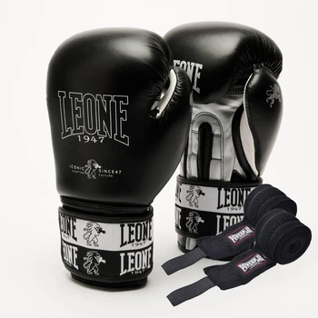 Боксерские перчатки Leone GN208 ICONIC Black 14 унций (бинты 4 м. в комплекте)