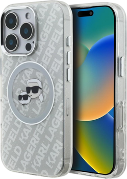 Etui plecki Karl Lagerfeld IML Glitter Karl & Choupette Heads Logo MagSafe do Apple iPhone 16 Pro Max Grey (KLHMP16XHMKBKCHG)