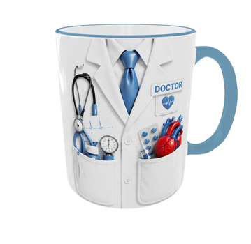 Кружка (чашка) с принтом Doctor – подарок врачу, медику, медицинскому работнику | Керамическая 330 мл(голубая ручка)
