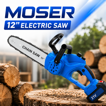 Аккумуляторная цепная пила Moser 12" Electric Saw 21V с двумя аккумуляторами, беспроводная электропила для обрезки деревьев, распиловки древесины, ухода за садом и бытовых работ