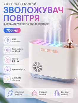 Ультразвуковий зволожувач повітря та аромадифузор з RGB-підсвіткою і нічником USB живлення 700 мл для приміщень 21–30 м²