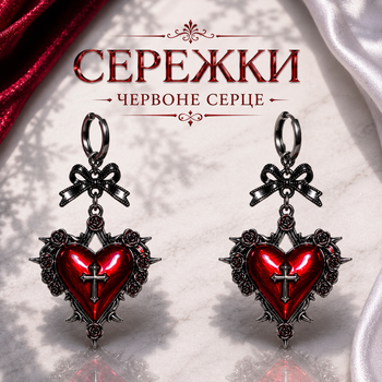 Сережки Червоне серце з хрестом