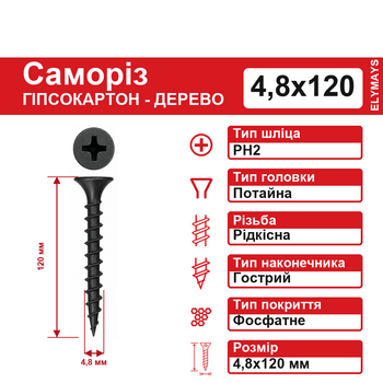 Шуруп-саморез по дереву Primera черный 4,8х120 мм PH2, фосфатированный, 200 шт.