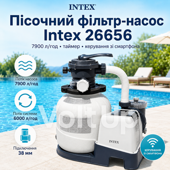 Пісочний фільтр-насос Intex 26656 для басейну 7900 л/год — насос з Wi-Fi, таймером і клапаном 6 режимів