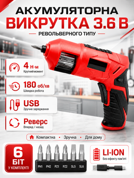 Револьверная аккумуляторная отвертка для монтажа и ремонта с USB-зарядкой 3,6 В Li-Ion 4 Н·м 180 об/мин реверс и 6 бит в комплекте