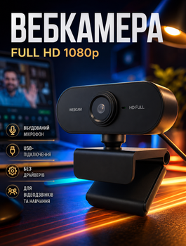 Веб-камера для стримов и видеосвязи с микрофоном со шумоподавлением Full HD 1920×1080 автофокус поворот 360° на универсальном креплении