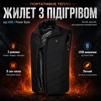 Жилетка XL з підігрівом на 9 зон та USB живленням від Power Bank, чорний