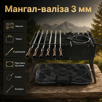 Мангал-чемодан 3 мм с 6 шампурами, подставкой под казан, чехлом, кочергой и совком 60×30×47 см