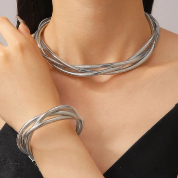 Набір із кольє чокера та браслета, потрійне багатошарове Fashion Jewerly переплетені ланцюги біжутерія,