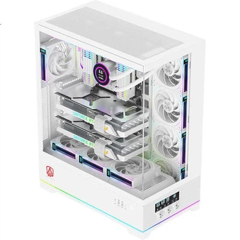 AOC AICG880W белый, корпус для игрового компьютера EATX, панорамный обзор на 270°, быстросъемная конструкция, поддержка двух видеокарт в 9 слотах, совместимость с системами водяного охлаждения 480 мм, цифровой дисплей.