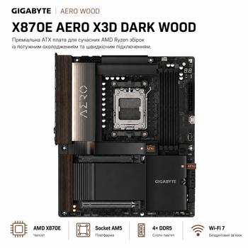 Материнская плата GIGABYTE X870E AERO X3D DARK WOOD ATX sAM5 AMD X870E 4xDDR5 4xM.2 4xSATA HDMI 2xUSB4 2x5 GbE Black
