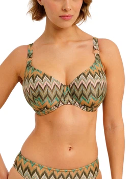 Купальний ліф Freya Arizona Wave 206102 бікіні з люрексом та глибоким вирізом 80H Зелений із зигзагоподібним принтом (193773731346 )