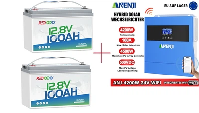 Гибридный инвертор Anenji4200 W 24V Wi-Fi + 2 Аккумулятора REDODO 12В 100Ah LiFePO4 (2560 Wh) +
