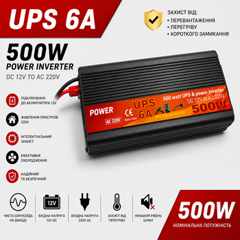 Інвертор з чистою синусоїдою 12V → 220V 500W номінально, з зарядкою та функцією ДБЖ/UPS для ноутбука, котла та невиликої техніки