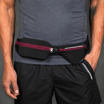 Сумка на пояс для спорта и бега Sport waist bag, спортивная сумка для телефона, 2 отделения, черная с красным