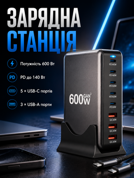 Блок питания Type-C зарядное устройство USB Хаб GaN 600Вт быстрая зарядка для ноутбука и телефона PD 140Вт LS-494