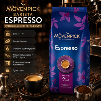Зерновой кофе Movenpick Barista Espresso 1 кг натуральная арабика робуста среднего обжаривания