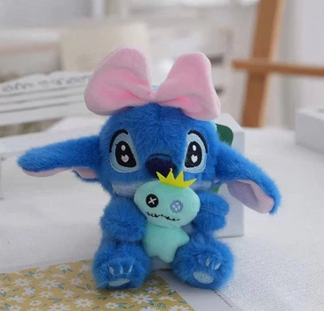 М'яка плюшева іграшка брелок Стіч, Stitch із лялькою Скрамп та рожевим бантом