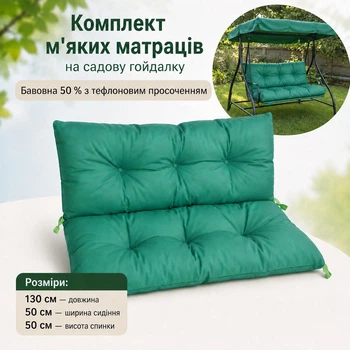 Комплект м'яких матраців на садові гойдалки 130*50*50, каретна стяжка на ґудзиках, яскраво-зелений