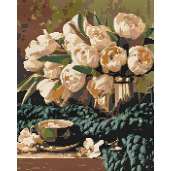 Алмазная мозаика по номерам Оригами Букет пионов и кофе, 40x50 см (OD30980-01)